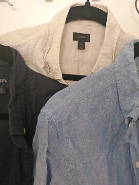 Lot of 3 J Crew linen button down men's shirts in slim medium blue and white